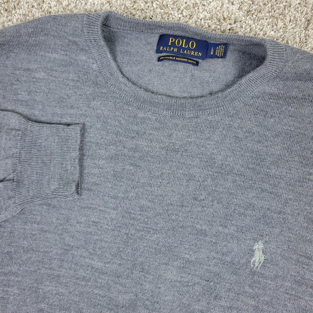 Polo Ralph Lauren Washable Merino Wool Mens Large Gray Pony Sweater LS